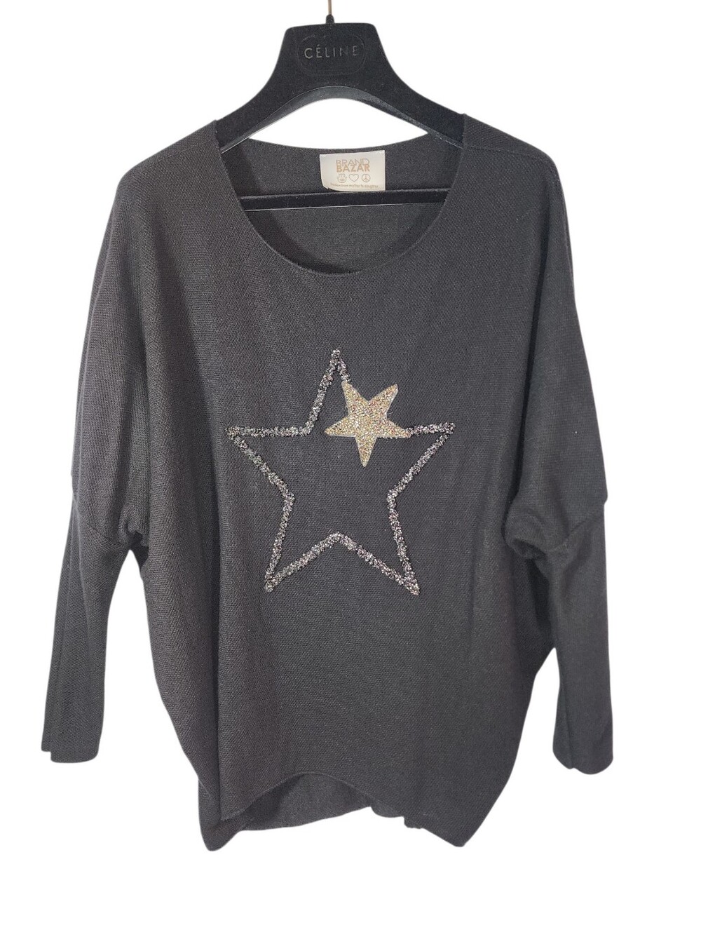 Brand Bazar Black Knit Star Sequined Batwing Sweater Made in Italy. 10